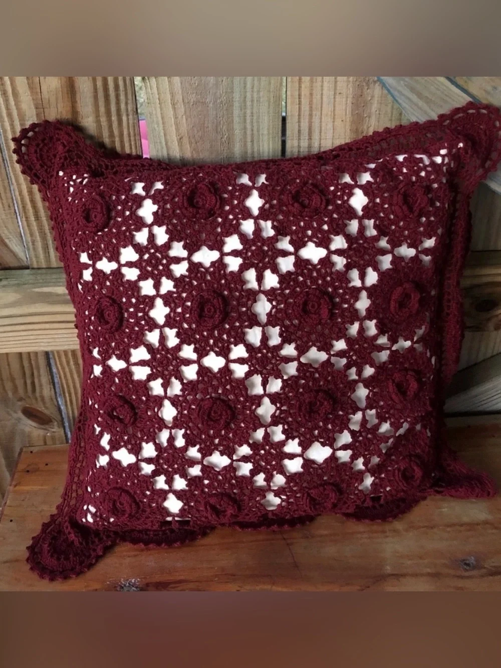 Hand Crochet Lace Top Cotton Maroon Accent Pillow with Scalloped Trim 16”